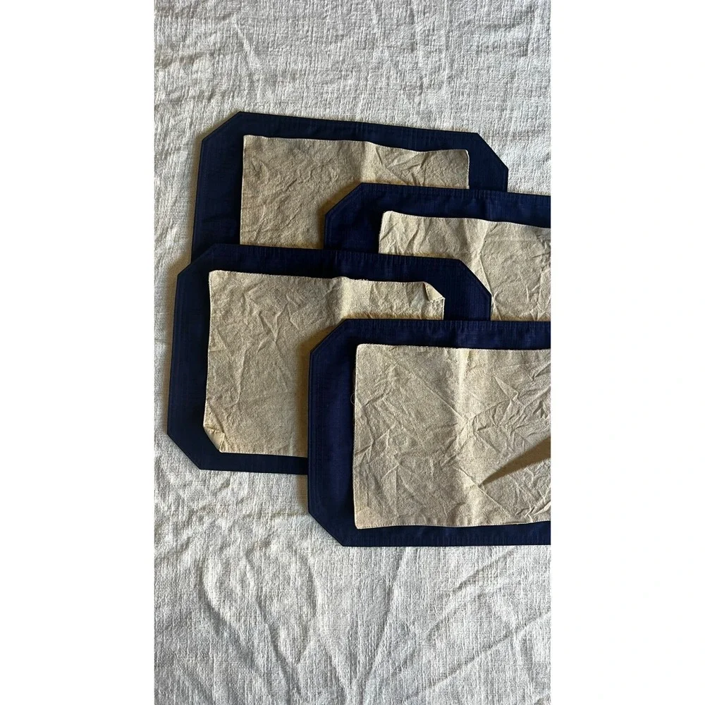 Vtg Set of 4 Navy Beige Placemat Tableware Table Setting 8-Pieces Kitchen Rustic